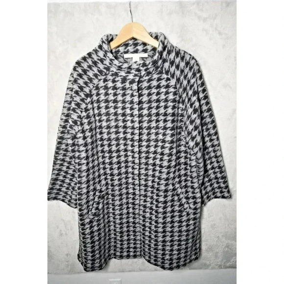 Max Studio Jacket Women Black Gray Knit Houndstooth Long Wool Blend Coat 1X - Picture 2 of 11